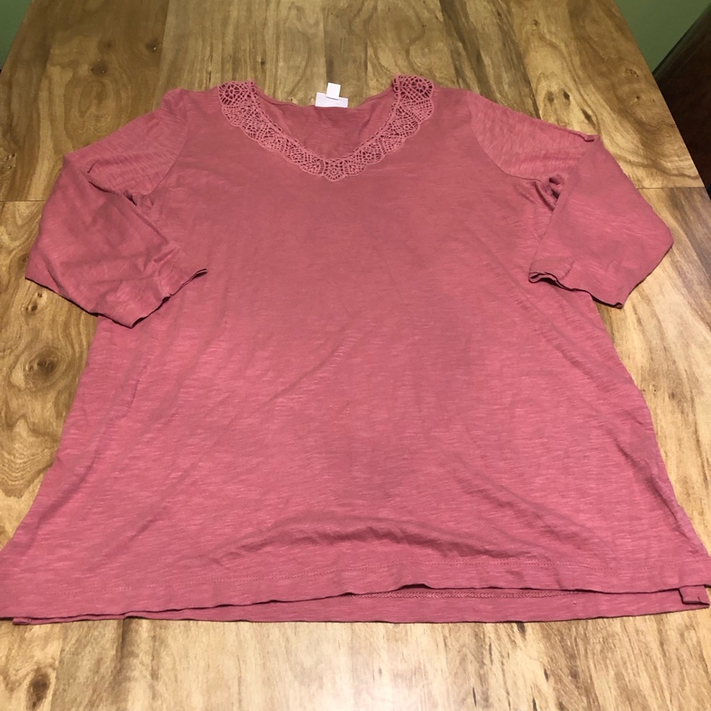 5/$25 J Jill Rhubarb Red Berry Lace V-Neck Tee Short Sleeve Top Size Large